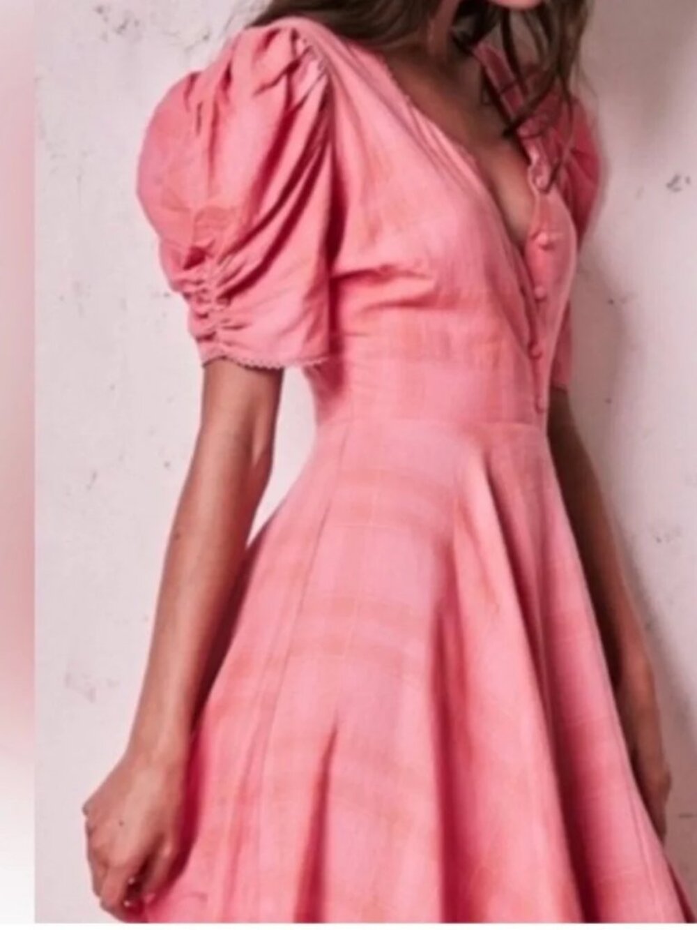 Womens LoveShackFancy Cora Pink (Item-419) Puff Sleeve Plaid Mini Dress XS